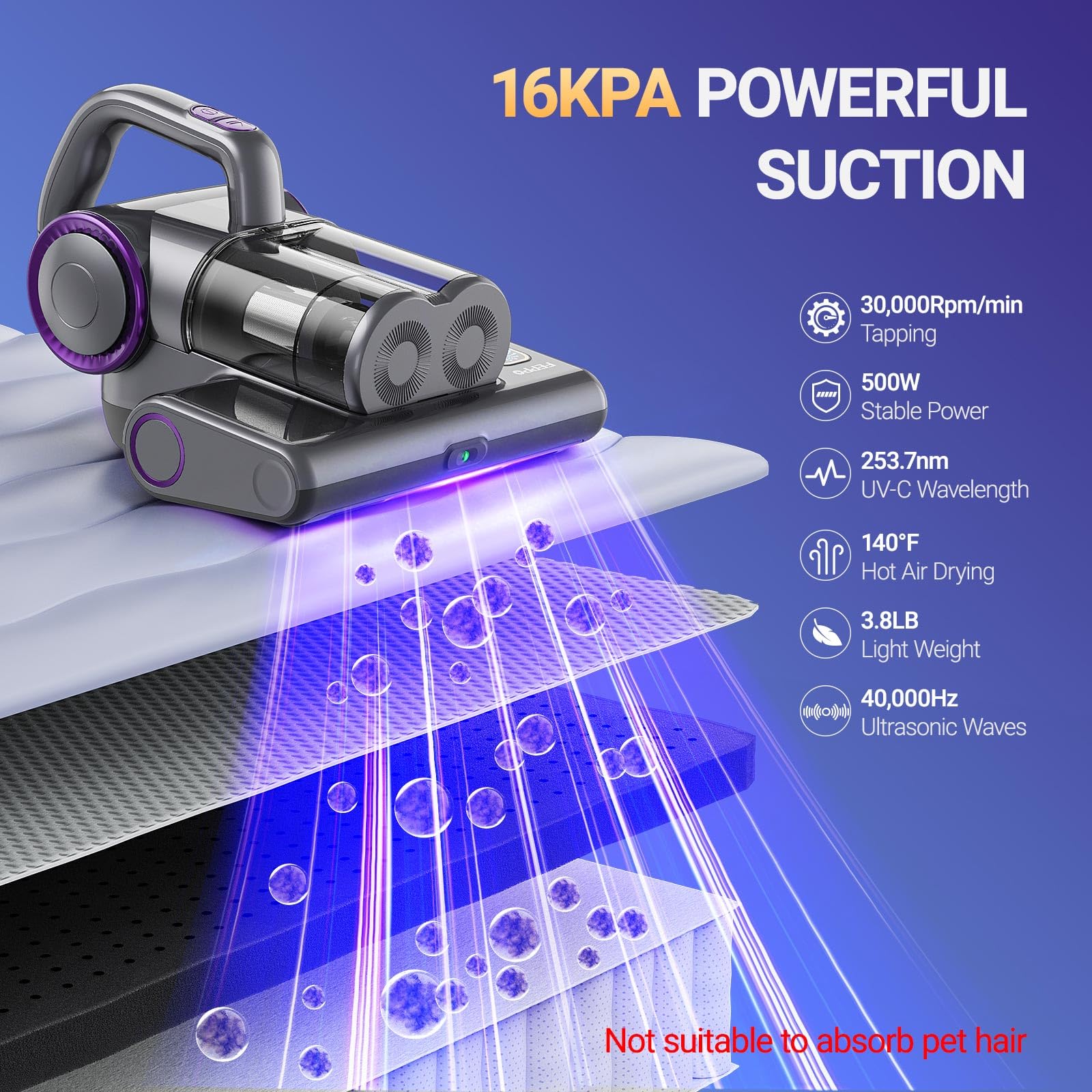 Feppo Mattress Vacuum Cleaner, 16Kpa Bed Vacuum Cleaner With 253.7Nm Uv C Light, 140?F Heat, Hepa Filter & Ultrasonic, Versatile